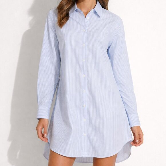 UNTUCKIT Women Blue White Pinstripe Front Tie Shirt Dress 8 Long Sleeve Button - Picture 1 of 10